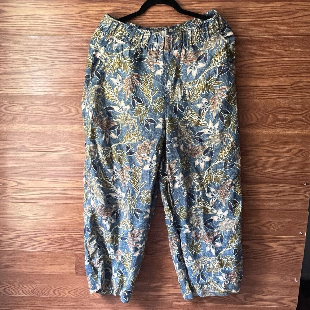 Cynthia Rowley Floral Linen Pant Women L Wide Leg elastic Waist Resort boho blue